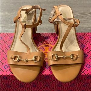 Chunky heel tan leather sandals with ankle strap